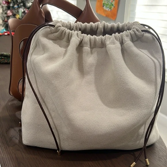 Brown Leather Tote Bag with Cream Insert - Designer Style - Picture 2 of 2